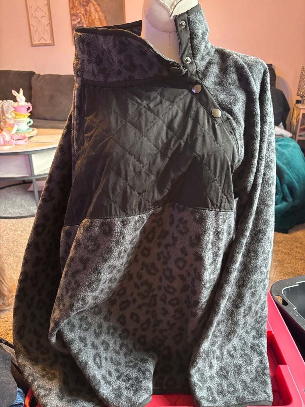 J. Crew Womens Gray Leopard Print Sherpa Quilted Snap Pullover Sweatshirt XXL